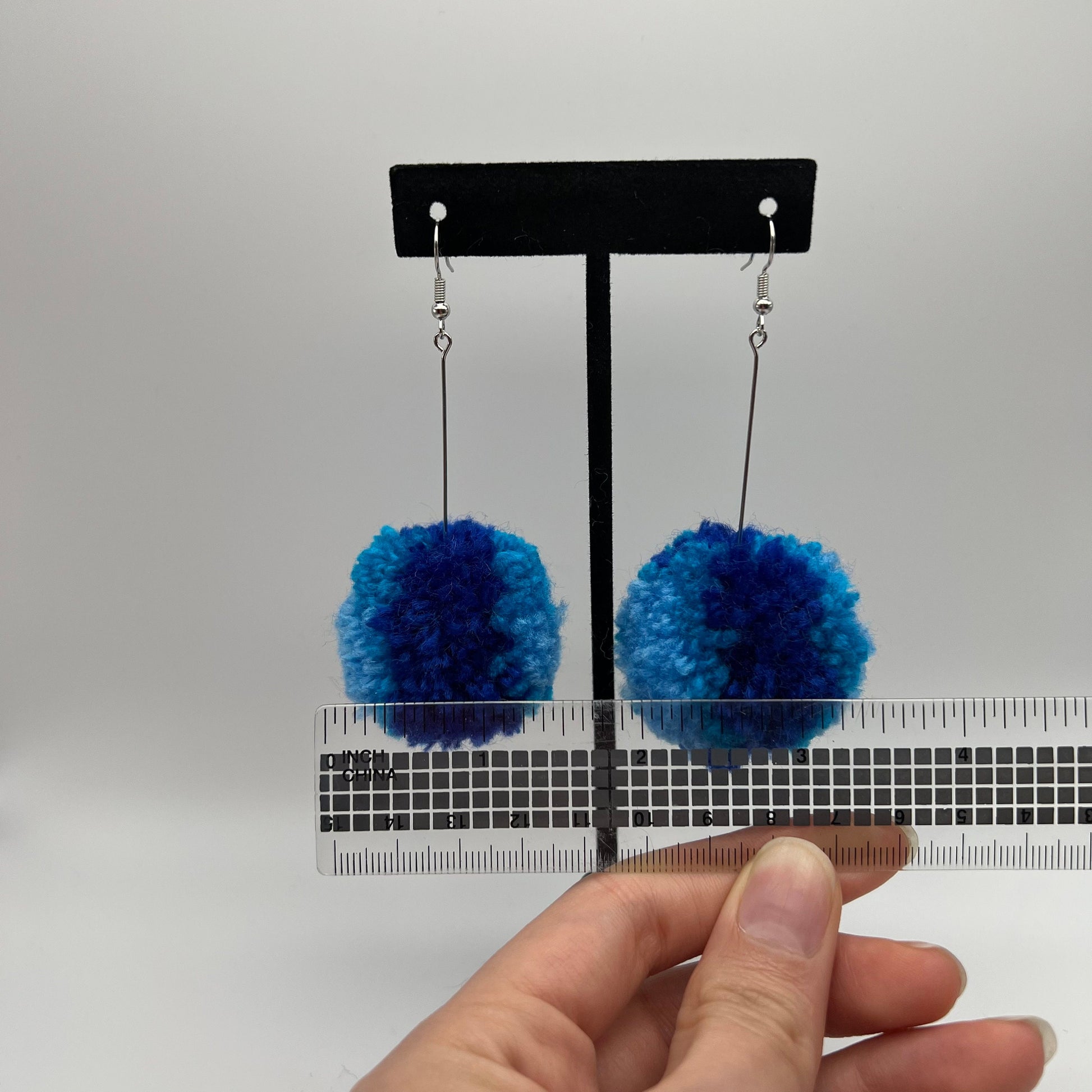 Dark Blue Ombre Pom Pom Earrings