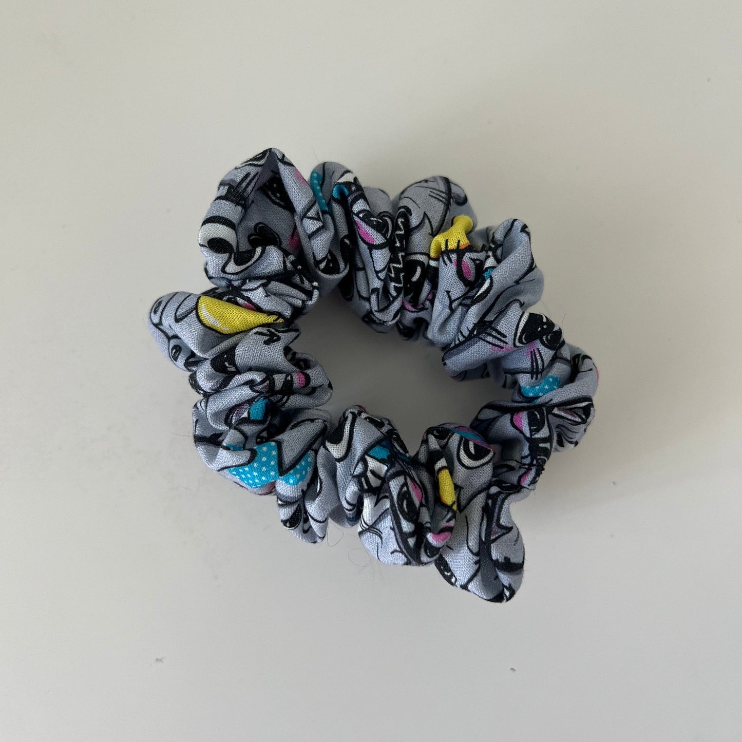 Grey Cartoon Cat Scrunchie - Handmade Hair Accessory