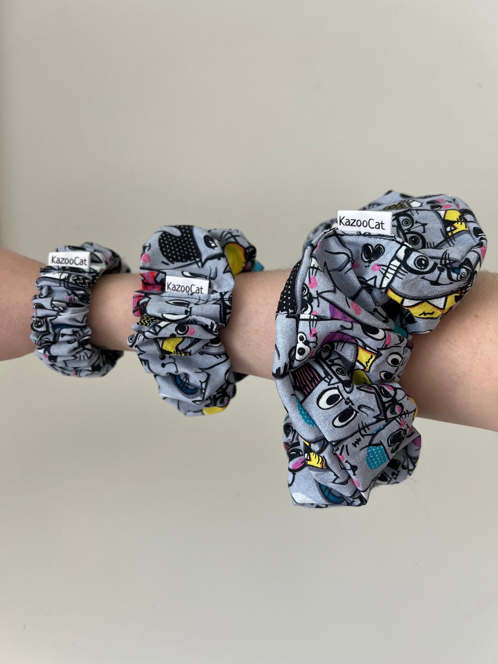 Grey Cartoon Cat Scrunchie - Handmade Hair Accessory