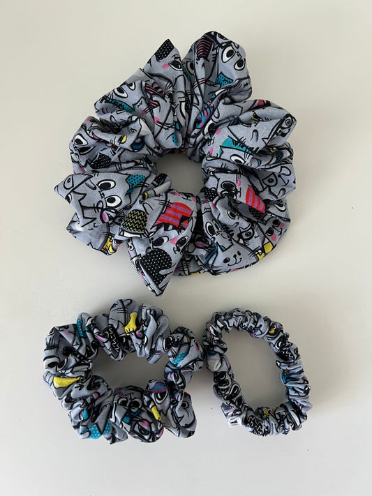 Grey Cartoon Cat Scrunchie - Handmade Hair Accessory