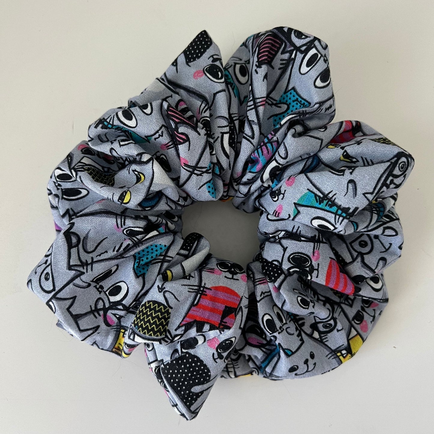 Grey Cartoon Cat Scrunchie - Handmade Hair Accessory