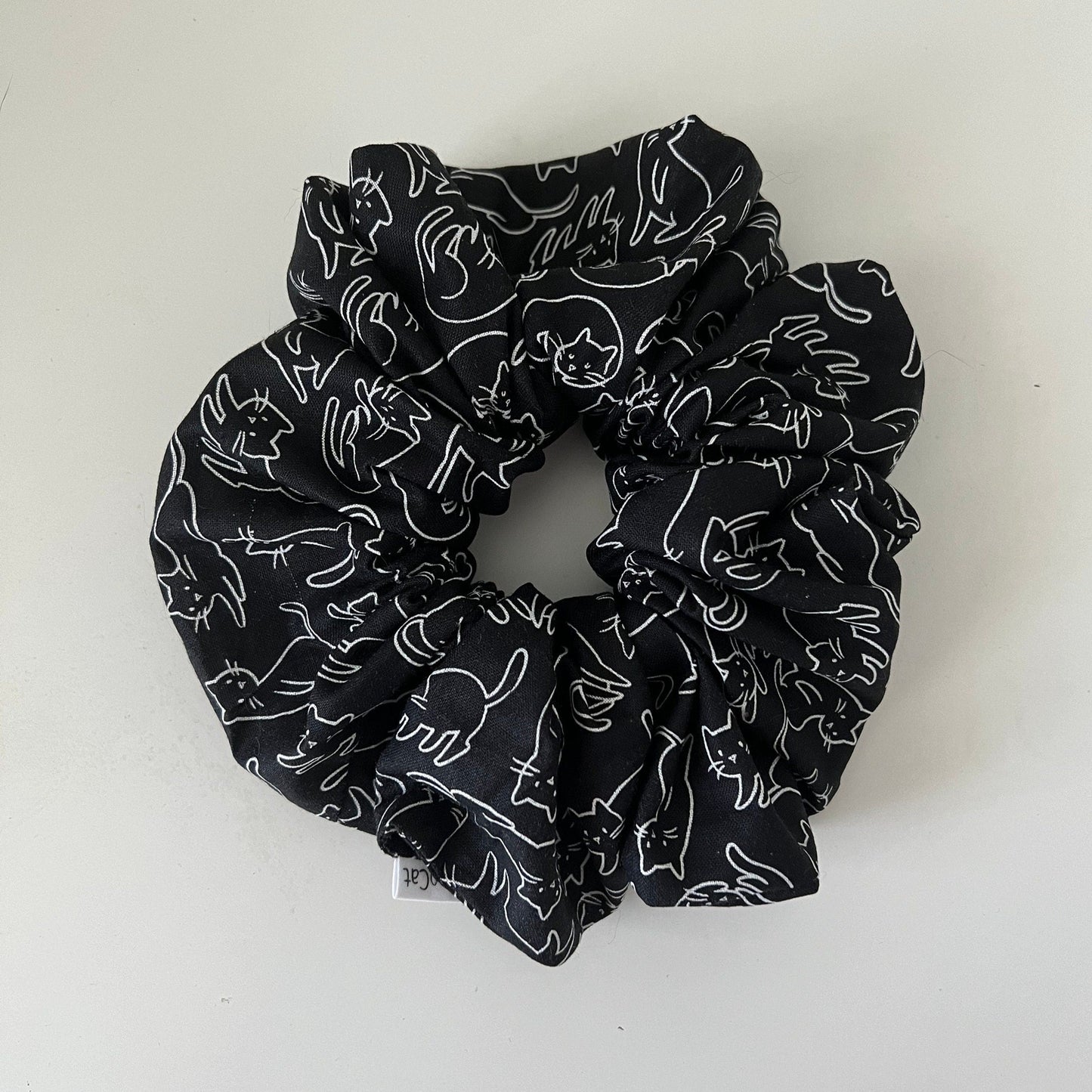 White Outlined Black Cats Scrunchie - Handmade Hair Accessory