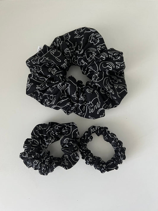 White Outlined Black Cats Scrunchie - Handmade Hair Accessory