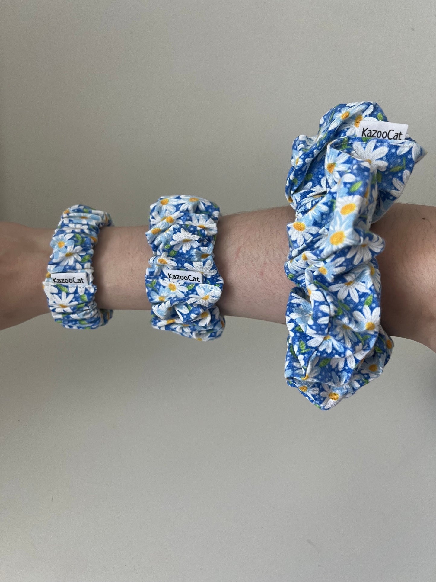 Floral Daisy Blue Scrunchie - Flower Series - Handmade Elastic Hair Tie