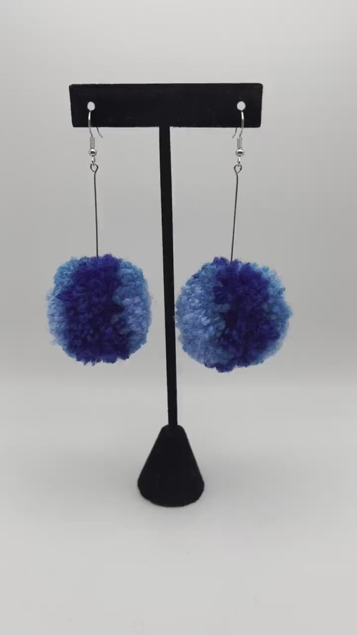 Dark Blue Ombre Pom Pom Earrings