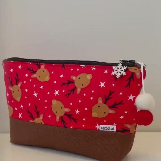 Christmas Two-Tone Stand-Up Zipper Pouch - Reindeer Pattern - Multi-Purpose Travel & Storage Bag for Makeup, Toiletries, and Organization