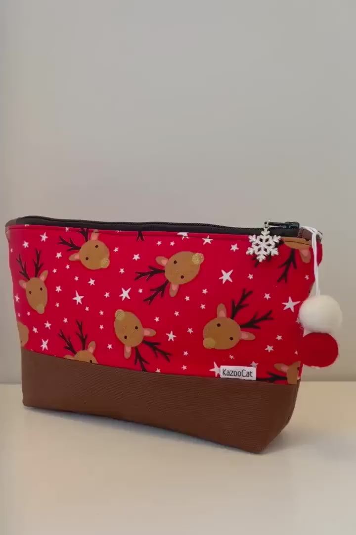 Christmas Two-Tone Stand-Up Zipper Pouch - Reindeer Pattern - Multi-Purpose Travel & Storage Bag for Makeup, Toiletries, and Organization