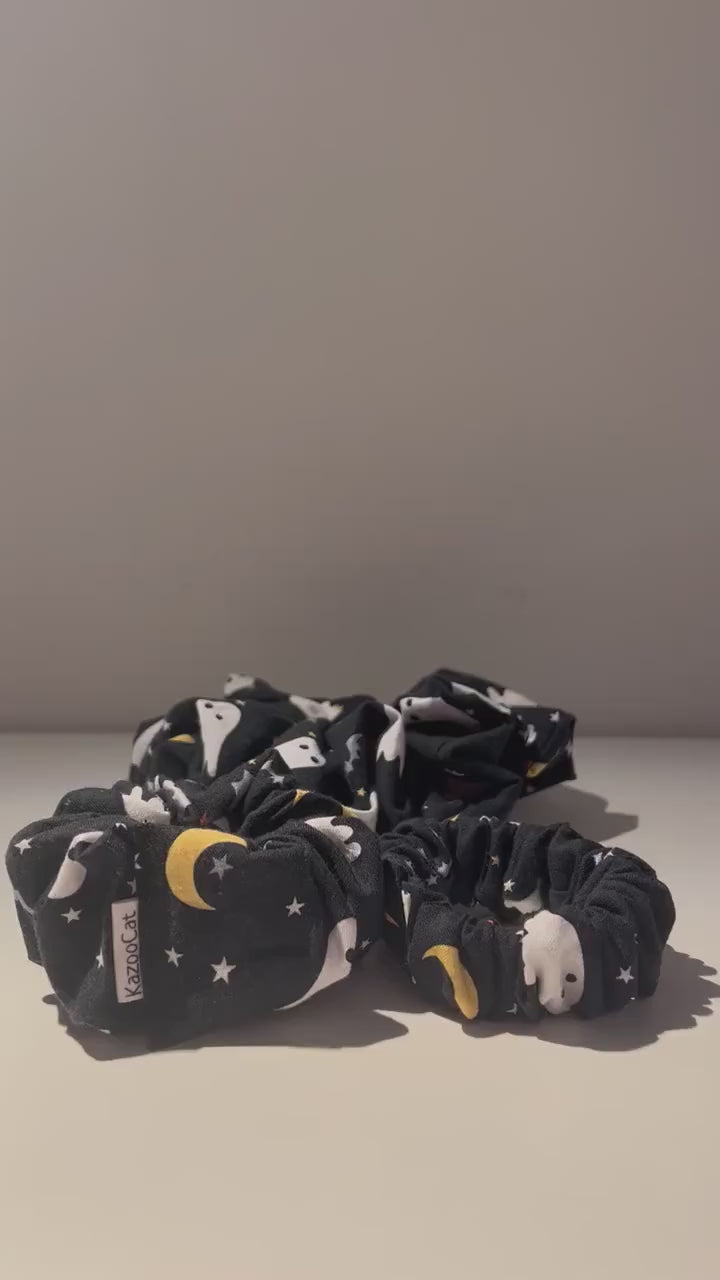 Halloween Scrunchie - Ghosts, Bats, and Moons Print - Handmade Hair Accessory